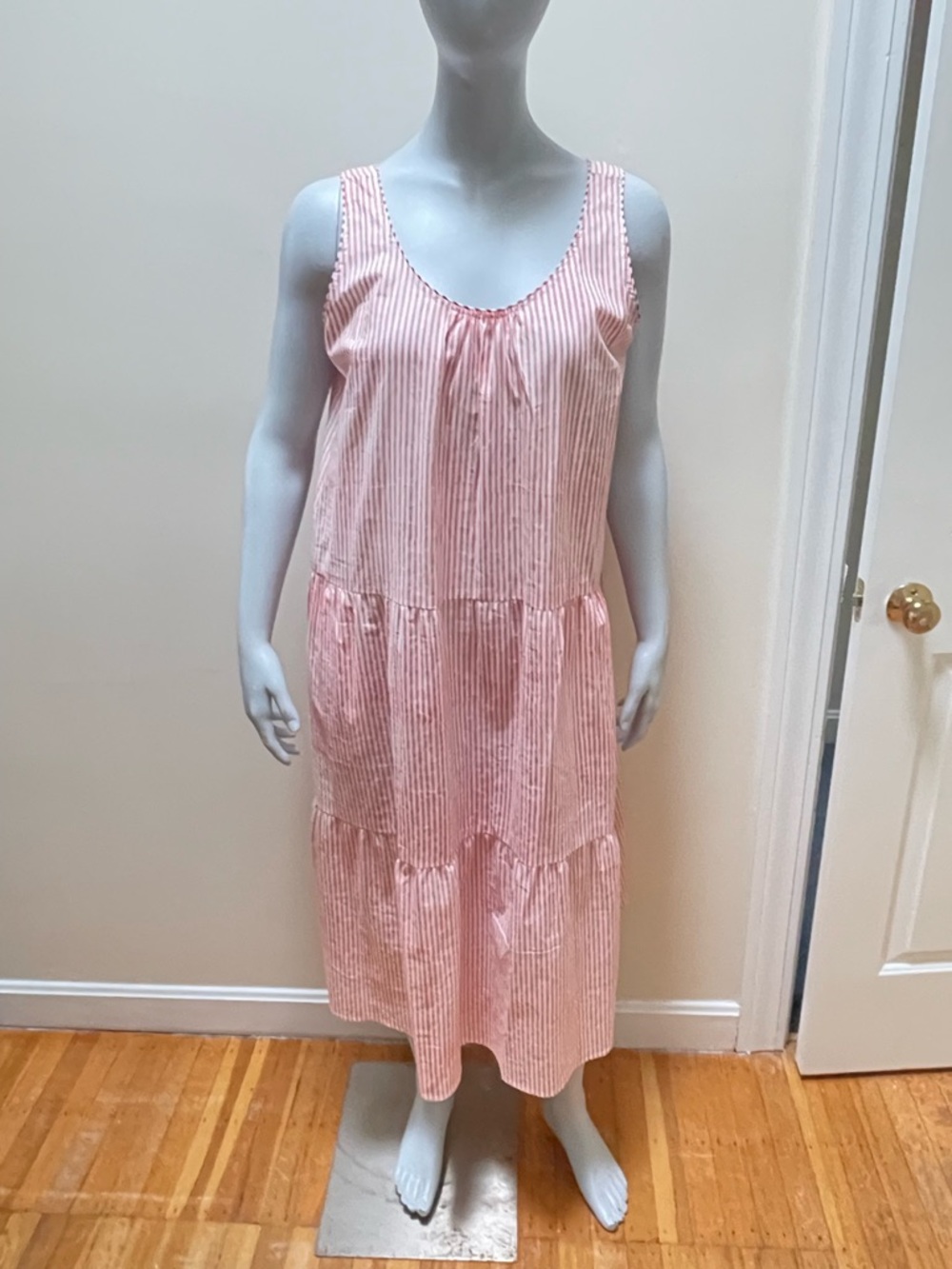 Relaxed Pink Striped Midi Dress with Scoop Neck